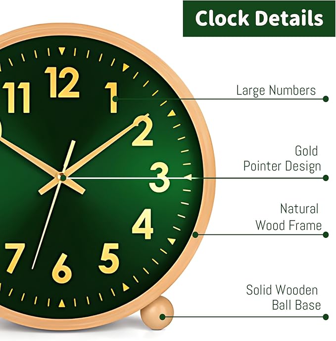 Maxspace Wooden Table Clock,8in Silent Non-Ticking Desk Clock,Battery Operated Desktop Analog Clock for Living Room Office Bedroom Decor (Green Gold - Log, Wooden Ball Base)
