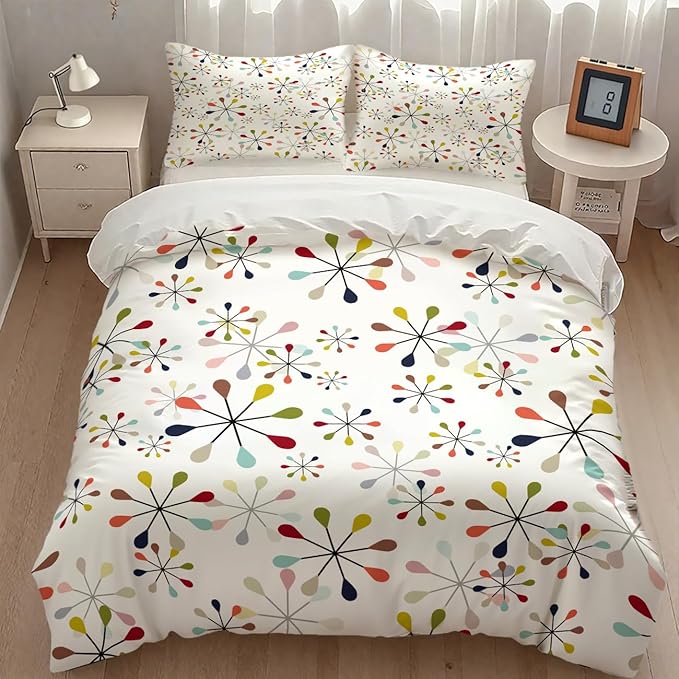 Mid Century Bedding Set,Modern Geometric Atomic Abstract Iconic Pattern 1950s 1960s Retro Style Comforter Set with Pillowcase for Bedroom Bed Decor,Full 79"x90"