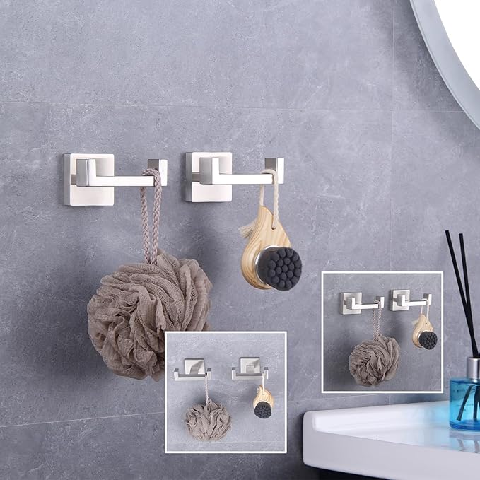 GERZWY Brushed Stainless Steel Coat/Robe Clothes Hook for Bath Kitchen Modern Hotel Style, Bathroom Double Towel Hook Wall Mounted 2 Pack AG1417B-LS