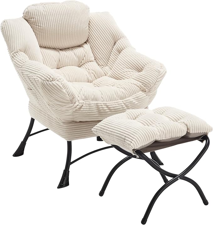Lazy Chair with Ottoman, Comfy Lounge Chair for Reading, Relaxing, and Napping, Perfect for Living Room, Bedroom, or Office, White