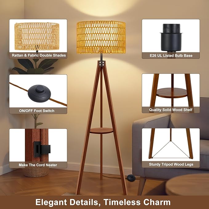 Vinaco Boho Tripod Floor Lamp with Shelf, Double Lampshades Mid-Century Standing Lamps, 3 Color Temperatures Wicker Floor Lamp, Foot Switch Rattan Tall Lamps for Bedroom, Living Room, Office
