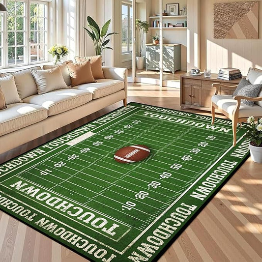 6'x9' Football Field Area Rug Sports Themed Carpet for Nursery Bedroom Playroom Classroom Living Room Home Decor Non Slip Washable Game Room Play Mat