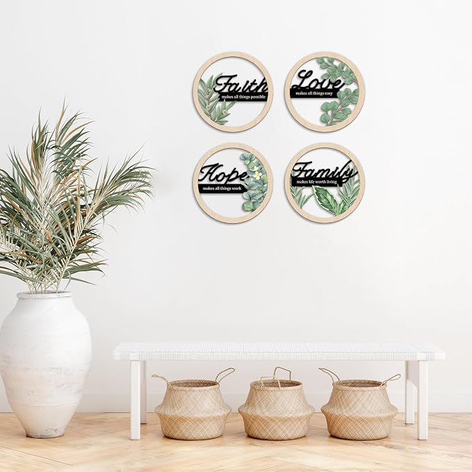 TOARTi Bohemian Inspirational Wooden Hanging Signs Sage Green Botanical Wall Art for Bedroom Living Room Eucalyptus Faith Hope Love Family Positive Affirmations Wall Decor Hollow Boho Minimalist Wood Plaques