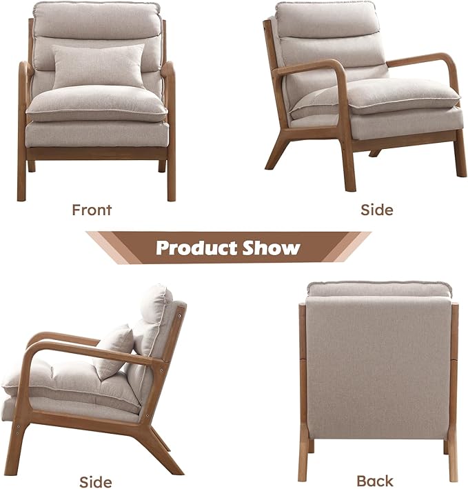 Mid Century Modern Accent Chair, Upholstered Lounge Armchair with Plump Back Pillow, Comfy Reading Chair with Solid Wood Frame for Bedroom Living Room (1, Beige)