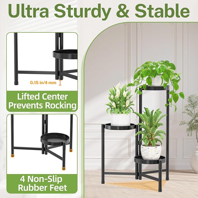 iDavosic.ly Plant Stand Indoor Outdoor, 3 Tier Corner Metal Flower Display Holder Shelf, Folding Tall Orchid Rack for Patio Balcony Porch Garden Living Room House, Black