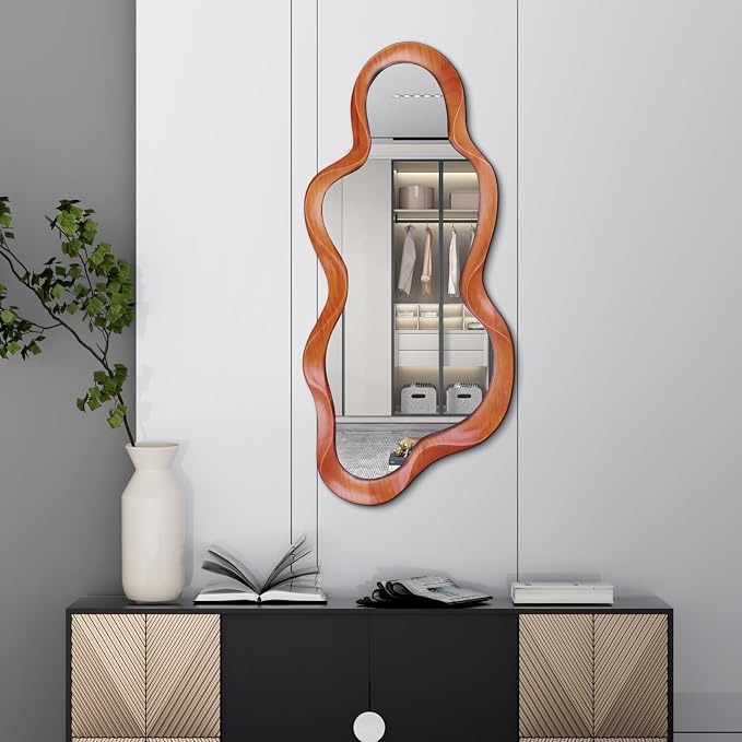 48"x 22" Irregular Wall Mirror, Walnut Wood Framed Wall Mirror, Asymmetrical Wall Wavy Mirror for Living Room Bedroom Entryway Bathroom Modern Decorative Mirror with Hanging Hooks