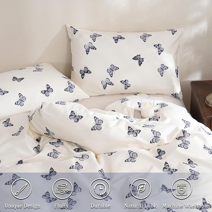 Butterfly Duvet Cover Set Queen Size 100% Cotton Duvet Cover 3 Pcs Cute Butterfly Printed Comforter Cover with Zipper Closure Soft and Lightweight Cotton Duvet Cover