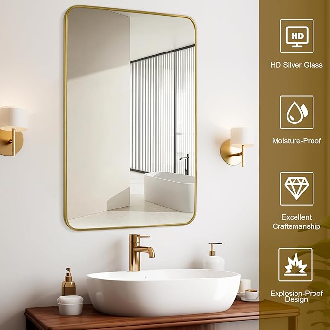 Gold Wall Mirror for Bathroom 30X42 Inch Stainless Steel Metal Frame Bathroom Vanity Mirror Rounded Rectangle Mirror Rustproof for Entryway, Living Room Hangs Vertically or Horizontally