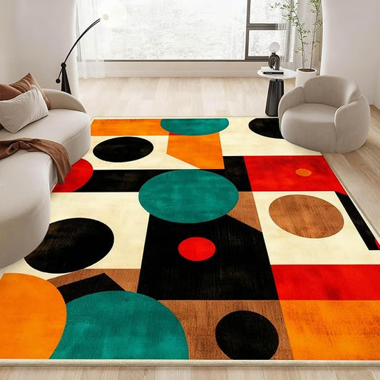 Geometric Rug, Mid Century Modern Rug, Abstract Colorful Geometric Rugs, Washable Non-Slip Soft Low Pile Vintage Abstract Carpet for Living Room, Bedroom (8' x 13'(Rectangular))