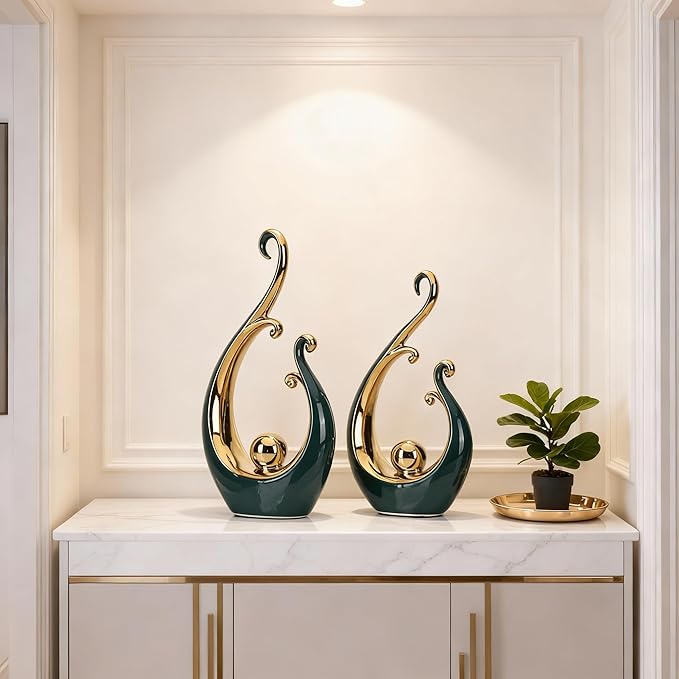 DOVDOV Green and Gold Home Decor, Abstract Ceramic 2-Piece Sculpture Set, Modern mid-Century Art Statues, Perfect for Accent Tables, countertops, Coffee Tables, and entryway Decor.