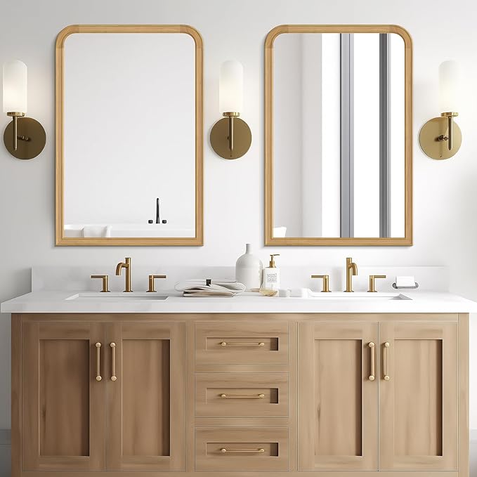 HOMECOOKIN 24" x 36" Wood Framed Mirror Bathroom Mirrors for Wall, Natural Arched Wood Bathroom Vanity Mirror for Entryway, Living Room or Bedroom Home Decor