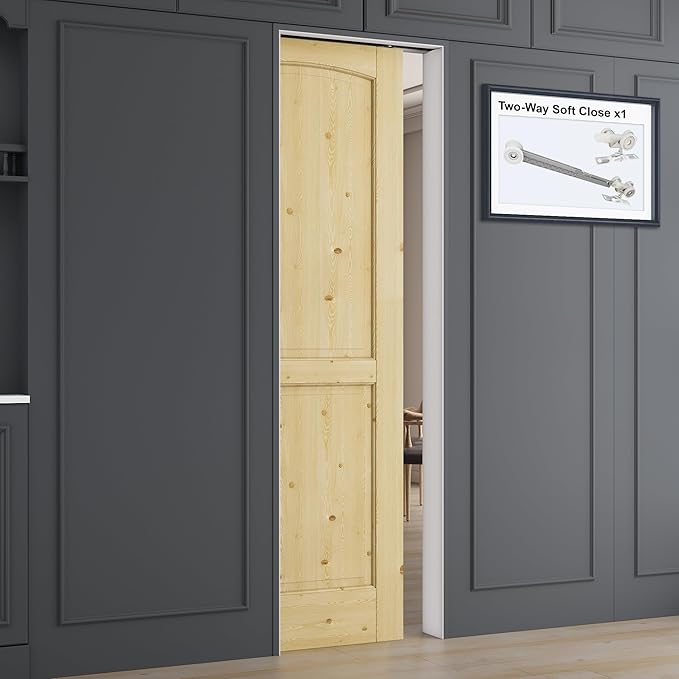 24" x 80" 2 Panel Arch Top All-Inclusive Soft Close & Solid Core Sliding Pocket Door, Pine Wood Door with Frame & Hardware Kit, Pocket Interior Doors for Home, Unfinished