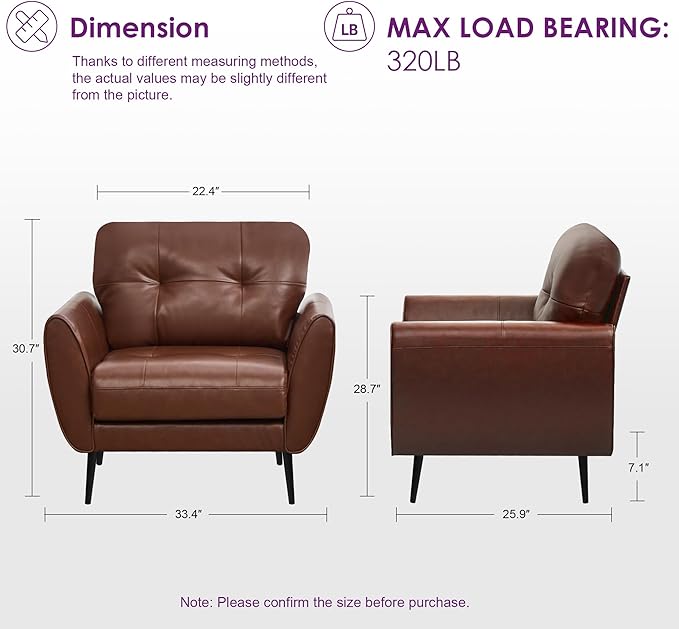 TYBOATLE Accent Chair, Comfy Modern Living Room Brown Leather Reading Accent Chairs Tufted Mid Century Arm Chair Small Salon Chair for Office Bedroom(1, Brown)