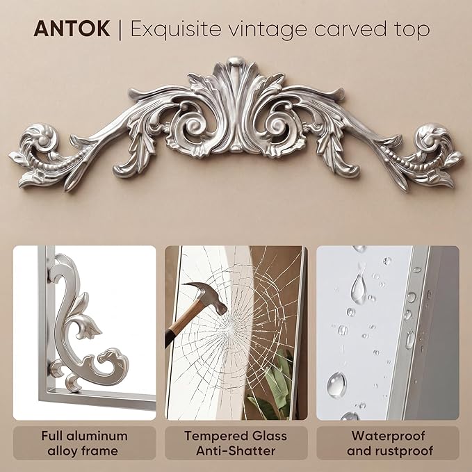 Antok Arched Full Length Mirror, 32"x71" Floor Mirror with Carved, Full Body Mirrors for HomeDecor, Large Wall Mirror with Corner Flower for Bedroom, Living Room, Silver, Luxury Style