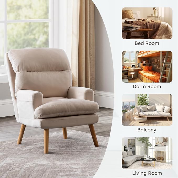 Accent Chair with Ottoman Comfy Reading Chair Armchair with Adjustable Backrest and Side Pockets Soft Fabric Leisure Sofa for Bedroom, Living Room, Dorm Rooms, Garden, Beige