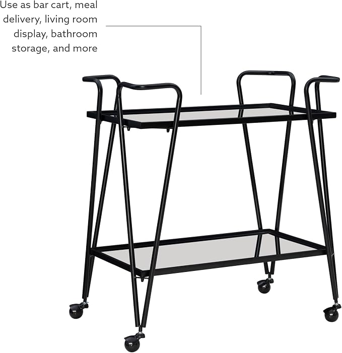 Linon Gina Black Mid Century Bar Cart with Mirrored Shelves