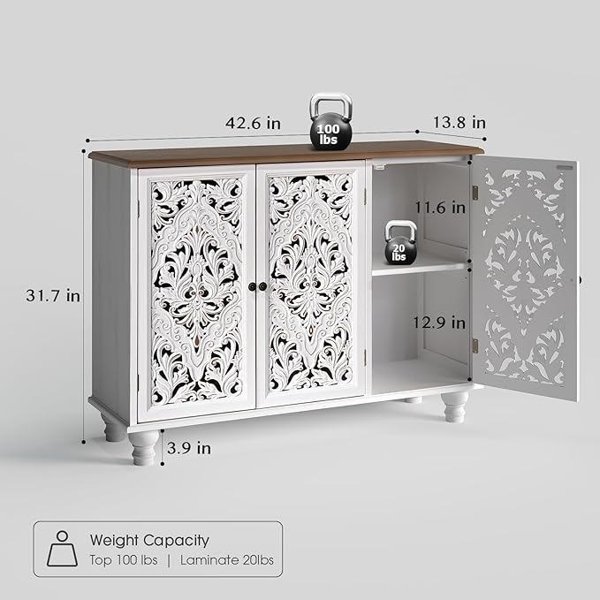 JOINICE Accent Cabinet with 3 Carved Doors,Farmhouse Buffet Cabinet with Storage for Living Room, Entryway, Dining Room, Coffee Bar(White)