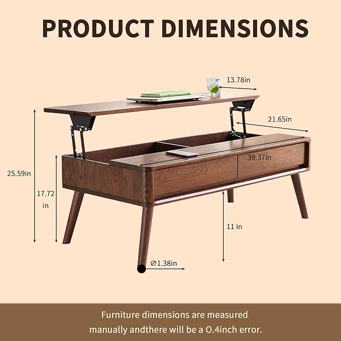 Solid Wood Coffee Table with Drawers, Natural Wooden Center Table for Living Room, Easy-to-Assemble Low Desk, 39.4" W × 20.5" D × 17.72" H for Home Office (39.37" Solid Wood Coffee Table)
