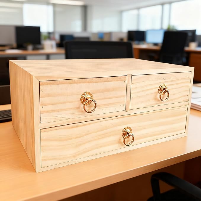 2 Layer Desk Organizer Wooden Desktop Organizer Tabletop Storage Organization Box Natural Wood Counter Drawer with Metal Handle 3 Drawer for Desk Accessories Home Office Counter Craft Decor