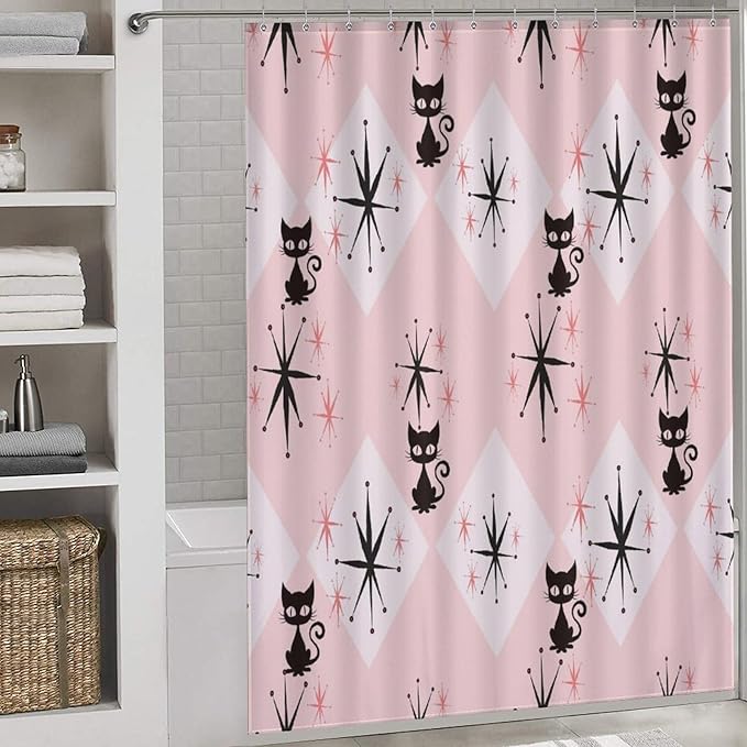 Mid Century Modern Shower Curtain,Pink Retro Atomic Cat Abstract Geometric 1960s Fabric Bathroom Decor Curtains with Hooks 66x72in（168x183cm）