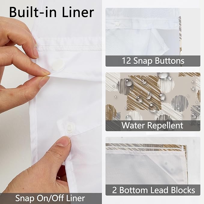 No Hook Shower Curtain with Snap in Liner - Neutral Brown Gray Waterproof Fabric Shower Curtains, Modern Abstract Bathroom Decor with See Through Mesh Top Window, 71x74 Inch