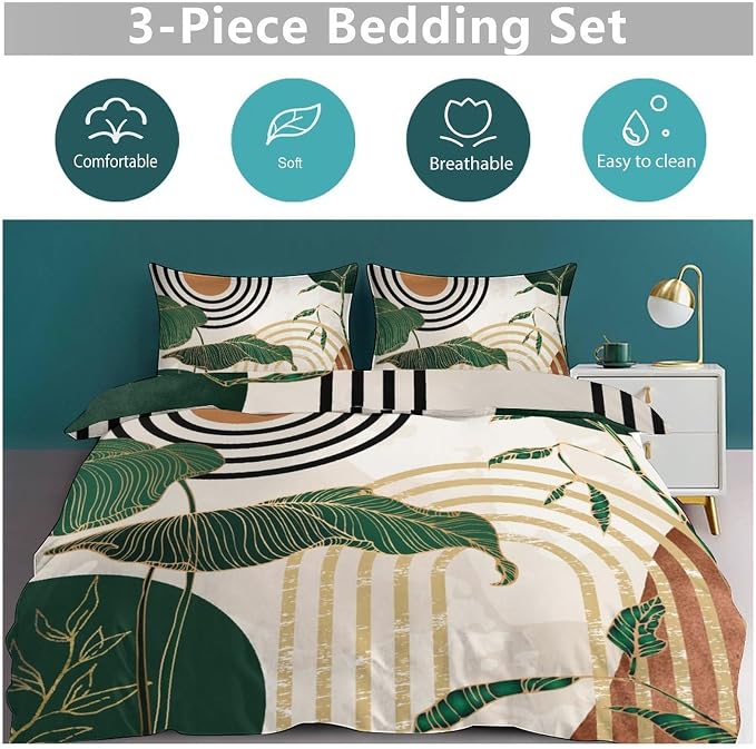 Boho Leaf Bedding Set,Mid Century Green Tropical Plant Palm Leaves Abstract Minimalist Geometic Arch Modern Comforter Set with Pillowcase for Bedroom Bed Decor,Full 79"x90"