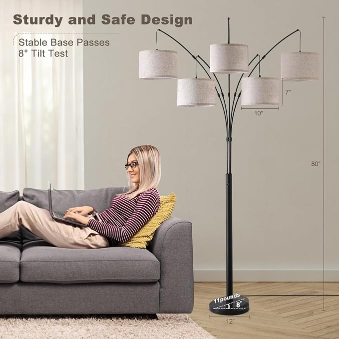 Floor Lamps for Living Room, 4000LM Super Bright Arc Floor Lamp with Remote Control, 5 Light Tall Floor Lamps with Stepless Dimmable, 80" Mid Century Tree Floor Lamp for Bedroom, Office