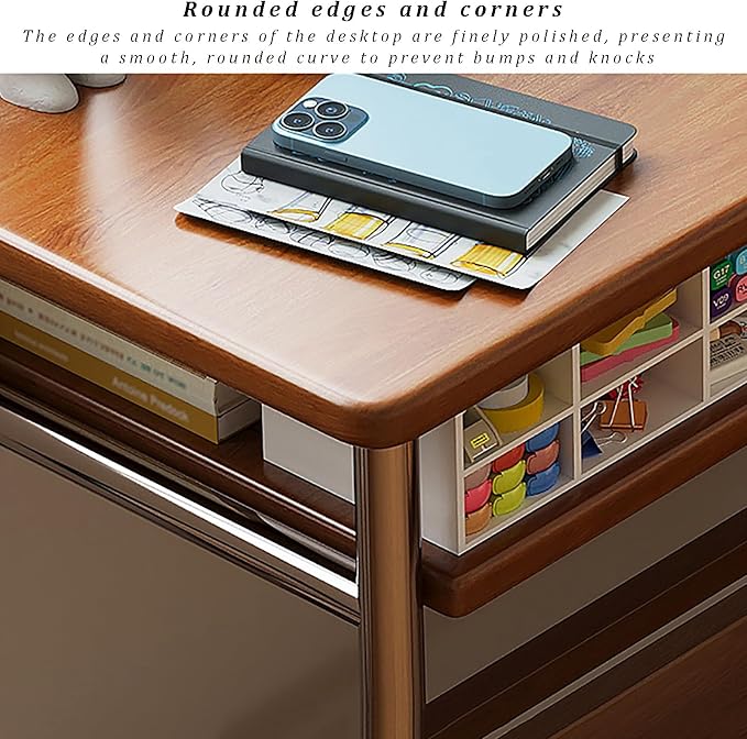 Mid-Century Modern Solid Wood Writing Desk Compact Home Office Workstation with Storage Shelf & Stainless Steel Legs Ideal Small Space Computer Desk for Bedrooms