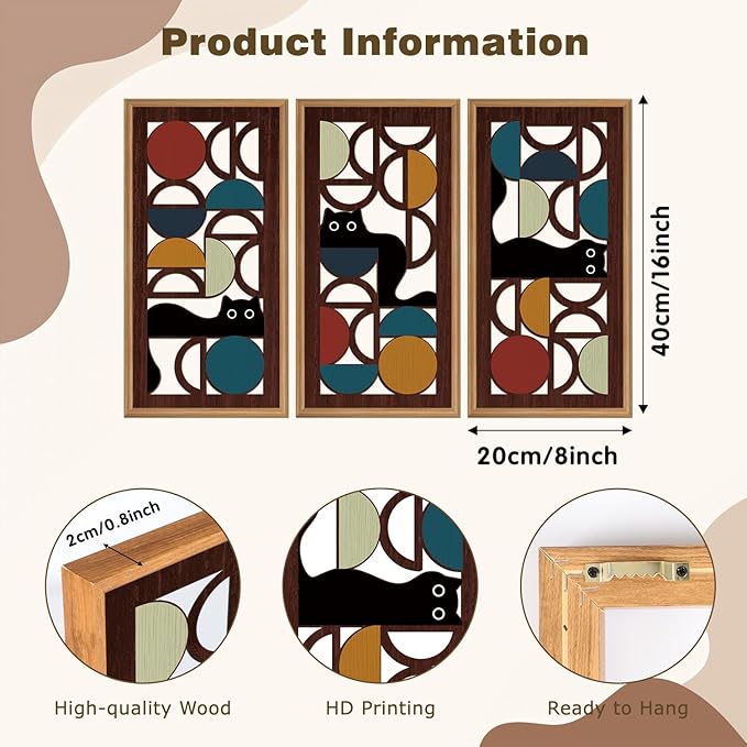 IARTTOP 3Pcs Boho Black Cat Wall Decor Framed Abstract Geometric Wood Wall Art Mid Century Modern Artwork Geometric Cat Hanging Decor for Living Room Bedroom Office Lovely Cat Gifts 8 x16 Inch