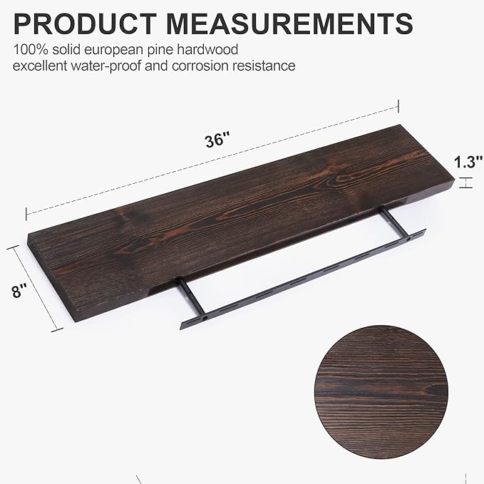 Axeman Floating Shelves for Wall Set of 2-36 Inch Wide x 8 Inch Deep Solid Pine Wood Shelves for Wall - Rustic Floating Wood Shelves for Living Room Bedroom Laundry Room Farmhouse, Dark Walnut