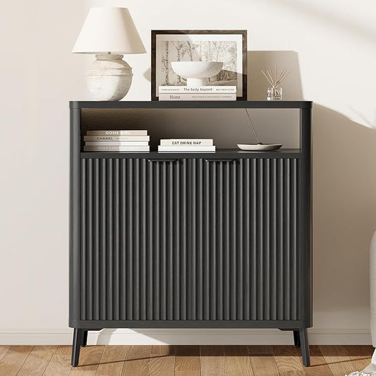 Buffet Sideboard Cabinet with Storage, Fluted Coffee Bar with 2 Doors and Adjustable Shelves, 34'' Modern Wood Cabinet for Dinning Room, Kitchen, Living Room,Coffee Bar (Black Grey)