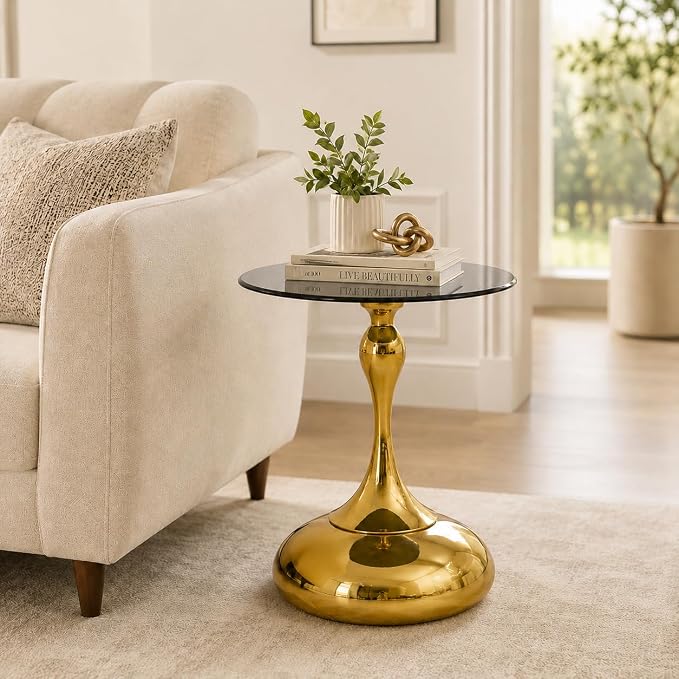 17.7 Inch Black Round Side Table for 2-4 Person, Gold Metal Pedestal Base, Small Coffee Table, End Table, Cocktail Table, Living Room, Bedroom, Office, Bistro, Modern Small Space