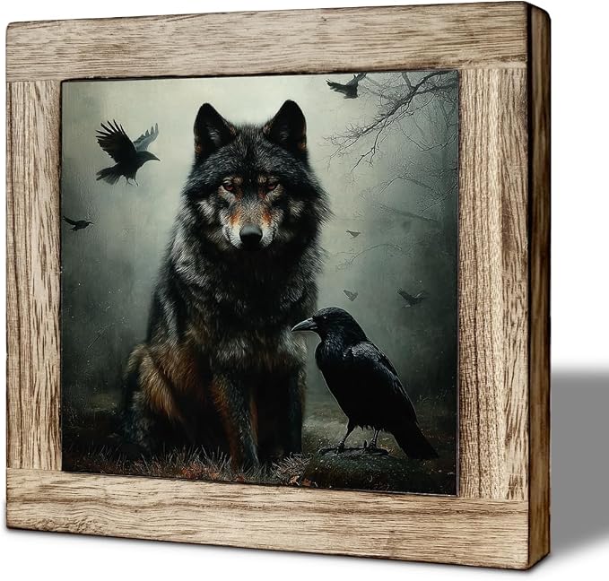 Gothic Wolf and Raven Wooden Desktop Sign, Dark Academia Forest Wildlife Wood Plaque Tabletop Decor, Mystical Animal Wooden Sign for Bedroom Living Room Office Shelf