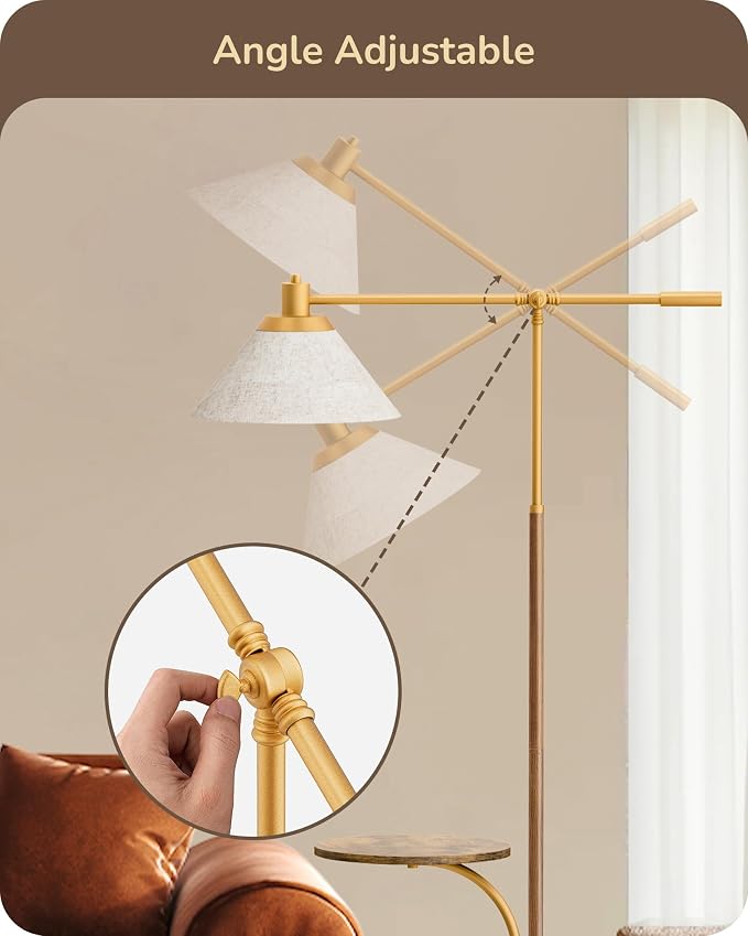 EDISHINE 68" Arc Floor Lamp with Table, Vintage Standing Lamp for Living Room with Tray, Tall Reading Lamp, Beige Shade, Adjustable Arm, Remote Dimmable Bulb Included, for Bedroom Office, Wood Grain
