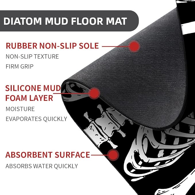 Diatomaceous Earth Bath Mat,Black Funny Skull Non-Slip Volume Super Absorbent Fast Drying for Bathroom Kitchen Door mat,Eco-Friendly Easy to Clean 16×24Inch (40 * 60cm)