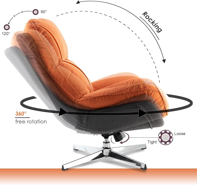 DUOMAY Swivel Accent Chair, Modern Linen Soft Foam Lounge Chair with High Back, Comfy Rocker Chair for Living Room Bedroom Reading Room Office, Tilt & Swivel, Chrome Base, Orange