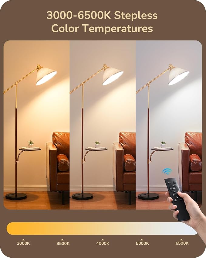 EDISHINE 68" Arc Floor Lamp with Table, Vintage Standing Lamp for Living Room with Tray, Tall Reading Lamp, Beige Shade, Adjustable Arm, Remote Dimmable Bulb Included, for Bedroom Office, Wood Grain
