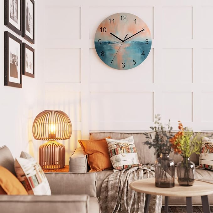 Oil Painting Style Wall Clock Battery Operated Non-Ticking 12" Round Wood Clocks, Abstract Yellow Blue Ocean Sunset Kitchen Wall Clock for School Bathroom Living Room Home Office Wall Decor