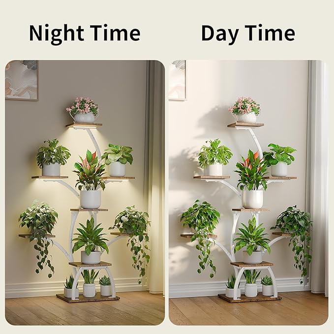 Plant Stand Indoor with Grow Lights, 6 Tiered Plant Shelf Indoor, 50" Corner Plant Stands for Indoor Plants, Lighted Tree-Shaped Plant Holder, Tall Flower Display Rack for Living Room, Patio（White)