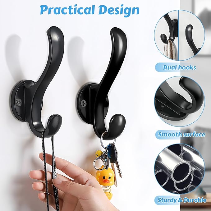 6 Pack Coat Hooks Wall Mount Heavy Duty Utility Retro Double Hooks for Hanging Coats,Hat, Towel, Key, Robe, Scarf, Bag, Cap (Black)