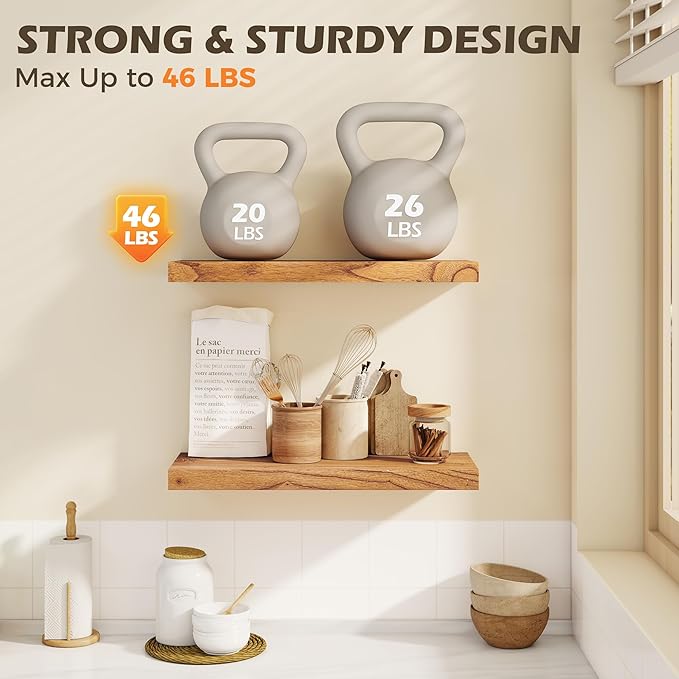 24 Inch Floating Shelves for Wall, 8"D High End Solid Hardwood Shelves for Decor Storage, Rustic Wall Shelves with Invisible Heavy Duty Brackets for Living Room, Kitchen, Bathroom, Natural, 2 Pack