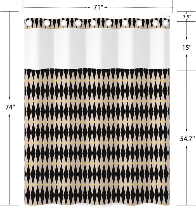 No Hook Shower Curtain with Snap in Liner, Black and Beige Diamond Geometric Double Layer Waterproof Bath Curtain for Modern Mid Century Bathroom Decor, See Through Top, 71x74 Inch