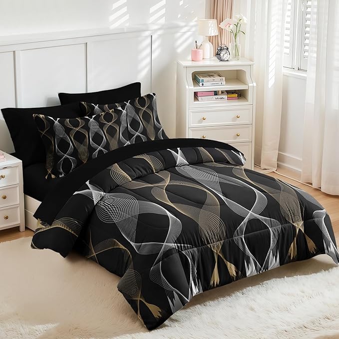 Nesker 7 Pcs Comforter Set Full Size, Striped Minimalist Bedding Set for Kids and Adults, White Golden Wave Bed Sheet Sets with Fitted Sheet 2 Pillowcases & 2 Shams