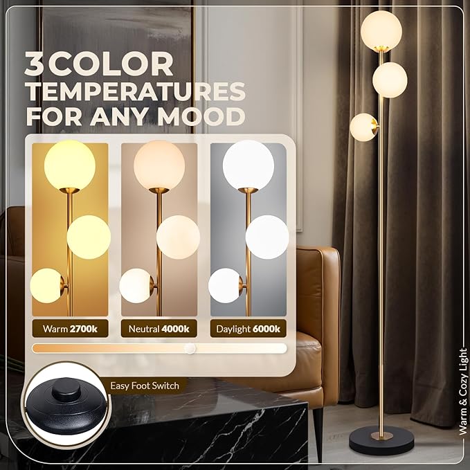 3 Globe Floor Lamp - Mid Century Modern Standing Light with 3 Color Temperatures, LED Bulbs, Frosted Glass Shades for Living Room (Gold)