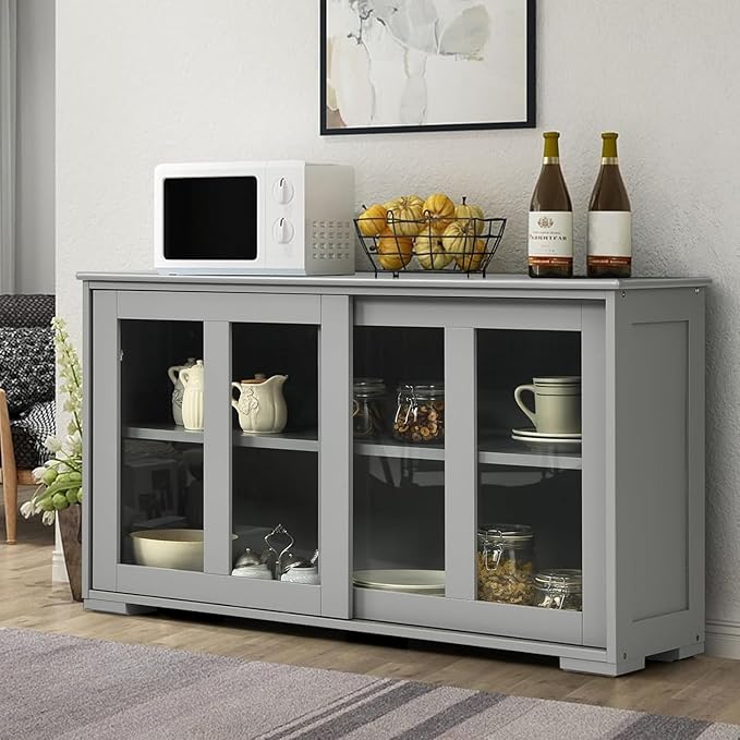 Byroce Sideboard Buffet Cabinet, Stackable Storage Coffee Bar Cabinet with Adjustable Shelf & Glass Sliding Doors, Wood Cupboard Credenza Console Table for Kitchen Dining Living Room (1, Grey)