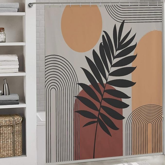 Boho Mid Century Shower Curtain, Sun Brown Leaves Rainbow Color Blocks Modern Artistic Waterproof Shower Curtains for Bathroom Decor 12 Pack Hooks 72x72in (183x183cm)