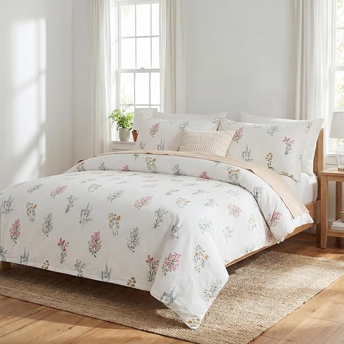100% Washed Cotton Duvet Cover Queen Size - Linen Like Reversible Durable Soft Floral Duvet Cover Sets, 3 Pieces White Comforter Cover with Zipper Closure