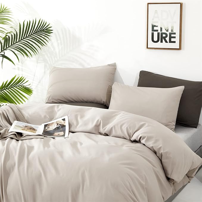 Pureant Beige Khaki Comforter Set Full Size Light Khaki Bedding Set 3PCS Solid Oatmeal Comforter Modern Soft Women Men Cream Coffee Bedding Light Taupe Full Size Quilts Cotton Champagne Bedding
