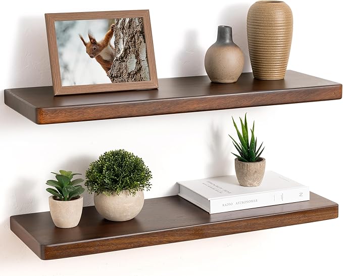 24" Rustic Walnut Wood Floating Shelves, 8 Inch Deep Wall Shelves for Home Decor, Wall Mounted Floating Shelf with Invisible Bracket, Heavy-Duty Storagefor Living Room, Bedroom, Kitchen, Set of 2
