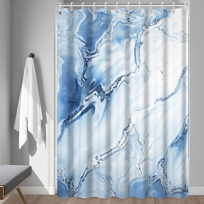Blue Shower Curtain, Ombre Blue Marble Shower Curtain for Bathroom Modern Aesthetic Waterproof Shower Curtain Set with Hooks, 72x78 Inch